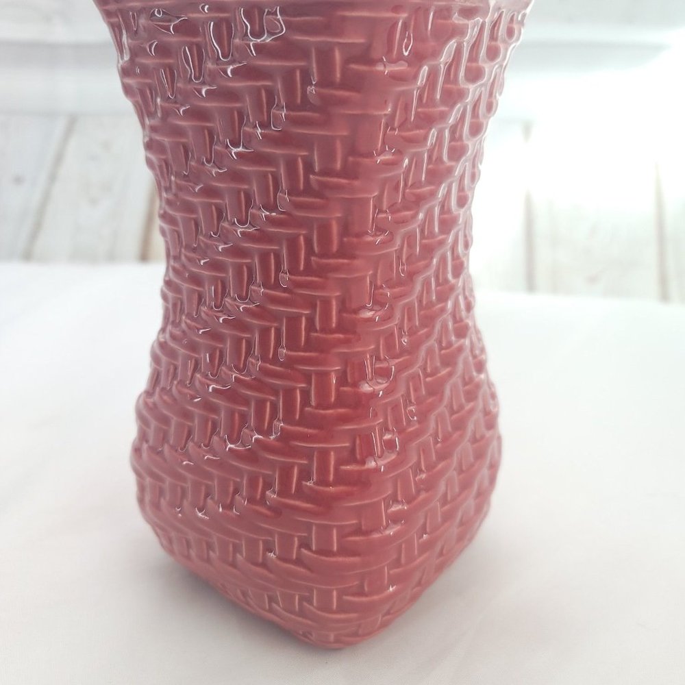 Longaberger Red Woven Reflections Paprika Square Pottery Basket Weave Vase